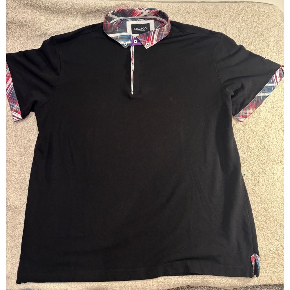Maczoo Mens Black Plaid Trim Polo Shirt Short Sleeve Cotton 2XL